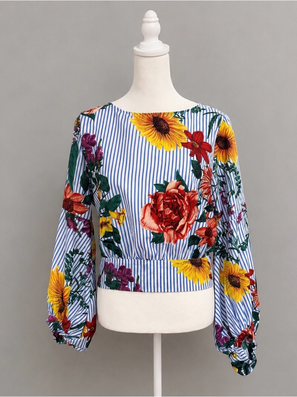 Jeuvre Floral Stripe Blouse Women’s Medium Blue Tie Back Balloon Sleeve Top